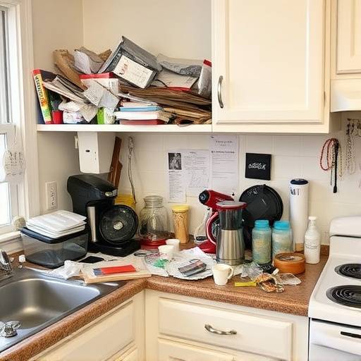 A cluttered kitchen countertop with various appliances and utensils scattered haphazardly, demonstrating a lack of organization before implementing the Seiketsu method.