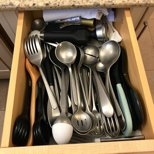 A drawer overflowing with disorganized utensils, cookware, and miscellaneous items, illustrating the frustration and inefficiency of a poorly organized kitchen space.