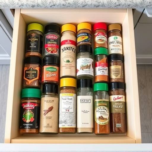 A drawer showcasing organized spice jars in alphabetical order.