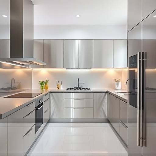 A modern Seiketsu Kitchen featuring linear design, stainless steel appliances, and organized countertops.
