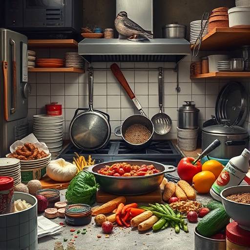 A wide shot of a kitchen with ingredients and equipment scattered across different surfaces, creating a chaotic and inefficient cooking environment.