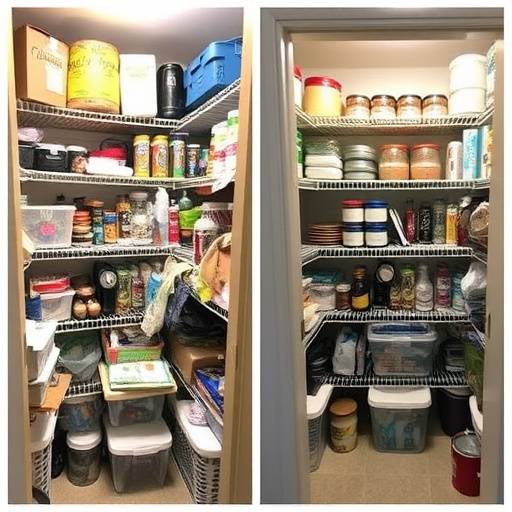 Before and after photos showing a cluttered pantry transformed into a neatly organized space.