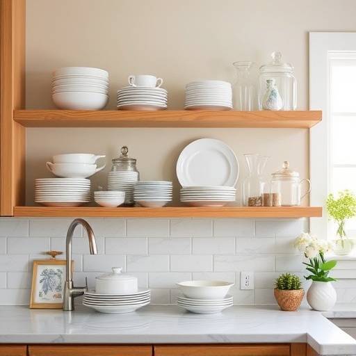 Image illustrating balanced kitchen shelves with a mix of neatly arranged dishes, glassware, and decorative items.