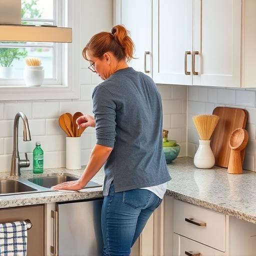 Image representing a person cleaning a kitchen counter, symbolizing the weekly reset routine.