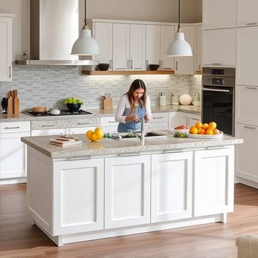 Kitchen island featuring designated zones for food preparation, cooking, and cleaning.