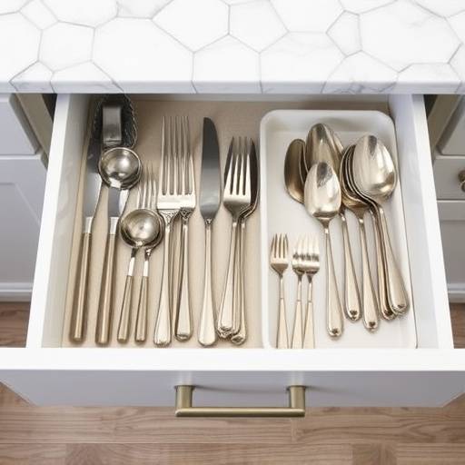 Open drawer showcasing organized utensils in linear rows.