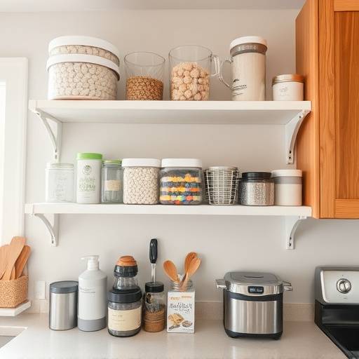 Organized kitchen shelves with items neatly arranged by type and size.