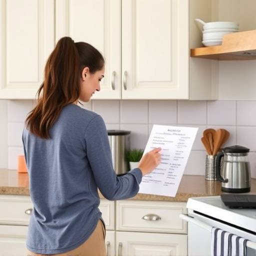 Person following a checklist to declutter the kitchen on a weekly basis.