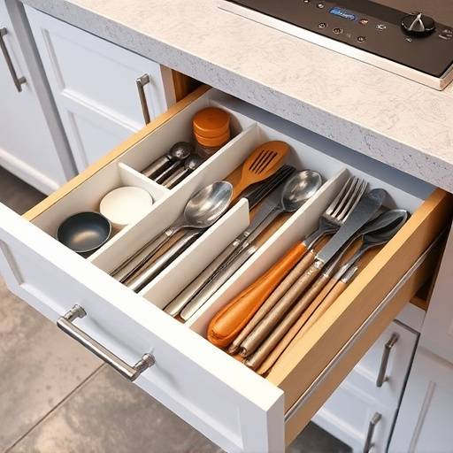 The same drawer, now neatly organized with utensils grouped by type and stored in designated compartments, demonstrating the efficient use of space and easy accessibility after the Seiketsu transformation.