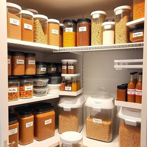 The same pantry shelf, now perfectly organized with matching containers, neatly stacked food items, and clear labeling, showcasing the visual appeal and functional efficiency of a Seiketsu-organized pantry.